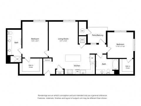 Floor plan for 2 beds, 2 baths, 1267 sqft